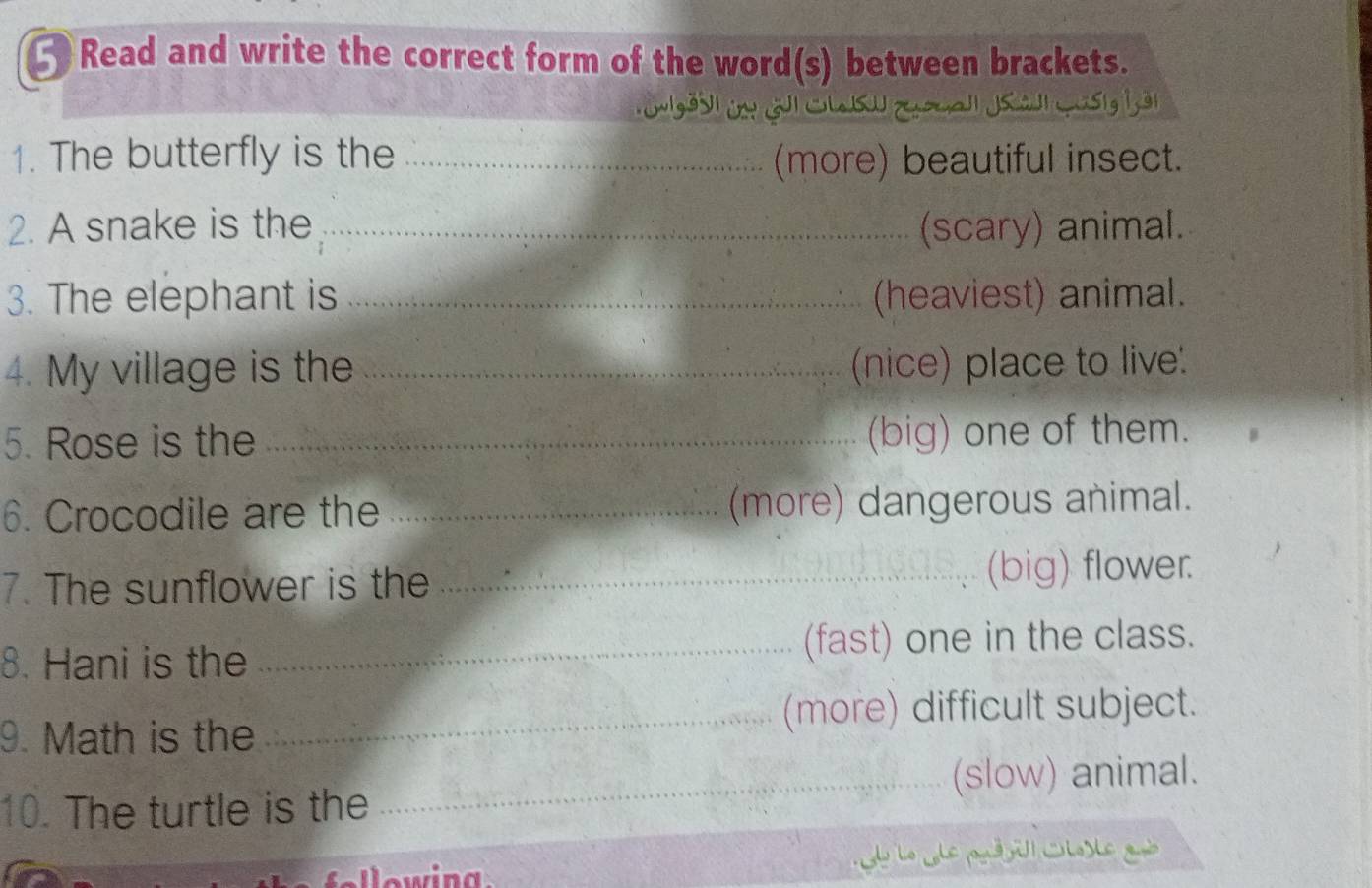 Read and write the correct form of the word(s) between brackets. 
1. The butterfly is the _(more) beautiful insect. 
2. A snake is the _(scary) animal. 
3. The elephant is _(heaviest) animal. 
4. My village is the _(nice) place to live. 
5. Rose is the _(big) one of them. 
6. Crocodile are the _(more) dangerous animal. 
7. The sunflower is the _(big) flower. 
8. Hani is the _(fast) one in the class. 
9. Math is the 
_(more) difficult subject. 
_(slow) animal. 
10. The turtle is the 
vin g S Lo _e pd y'! Slos Le