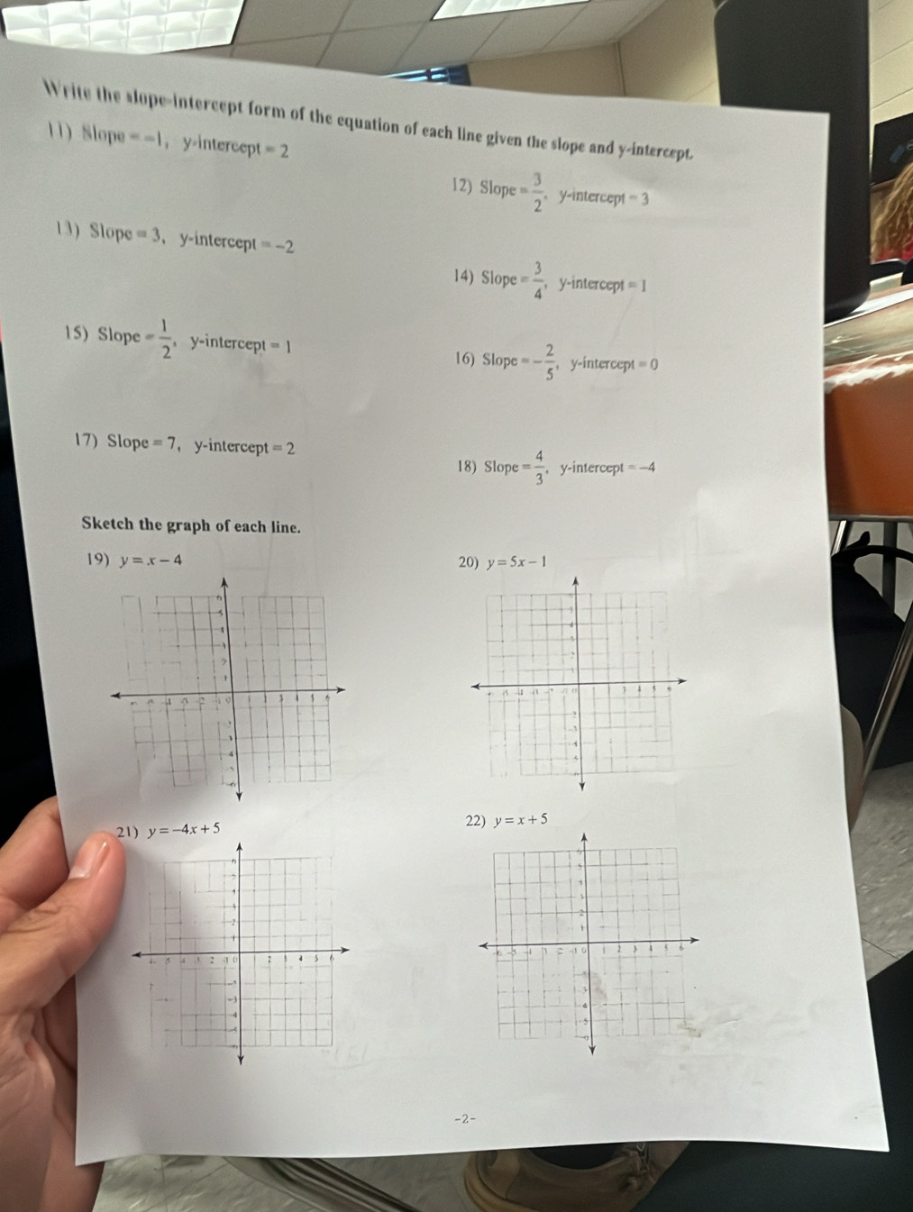 Write the slope-intercept form of the equation of each line given the slope and y-intercept. 
11) Slope =-1 ， y=intercept =2
12) Slope := 3/2  ,y-intercept -3
13) 5 lop =3 , y-intercept =-2
14) Slope= 3/4  ,y-intercept =] 
15) Slope = 1/2  ,y-intercept =1 16) Slope=- 2/5  , y-intercept =0
17) Slope =7 , y-intercept =2
18) Slope= 4/3  , y -intercep =-4
Sketch the graph of each line. 
19) y=x-4 20) y=5x-1

22) 
21) y=-4x+5 y=x+5
, 
÷2 
4 
s 
,., 
- 
4 
A
-2 -