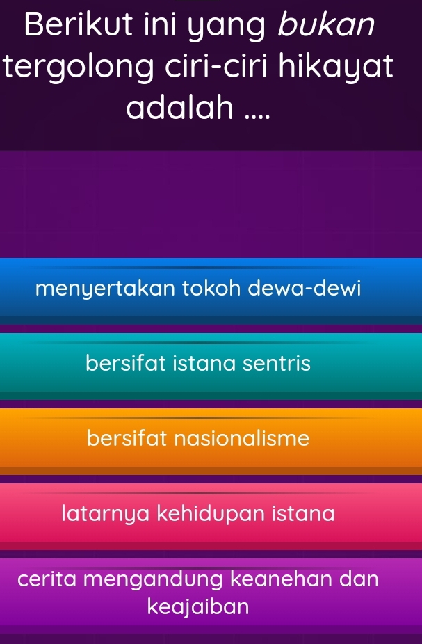 Berikut ini yang bukan
tergolong ciri-ciri hikayat
adalah ....
menyertakan tokoh dewa-dewi
bersifat istana sentris
bersifat nasionalisme
latarnya kehidupan istana
cerita mengandung keanehan dan
keajaiban