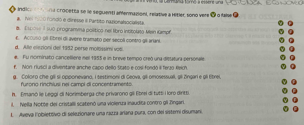 giranni venti, la Germania tornó a essere una 
4> Indica son ina crocetta se le seguenti affermazioni, relative a Hitler, sono vere o false 
a. Nei 1920 fondò e diresse il Partito nazionalsocialista. 
b. Espose il suo programma politico nel libro intitolato Mein Kampf. 
c. Accusò gli Ebrei di avere tramato per secoli contro gli ariani. 
d. Alle elezioni del 1932 perse moltissimi voti. 
e. Fu nominato cancelliere nel 1933 e in breve tempo creò una dittatura personale. 
f. Non riuscì a diventare anche capo dello Stato e così fondò il Terzo Reich. 
g. Coloro che gli si opponevano, i testimoni di Geova, gli omosessuali, gli Zingari e gli Ebrei, 
furono rinchiusi nei campi di concentramento. 
h. Emanò le Leggi di Norimberga che privarono gli Ebrei di tutti i loro diritti. 
I. Nella Notte dei cristalli scatenò una violenza inaudita contro gli Zingari. 
I. Aveva l’obiettivo di selezionare una razza ariana pura, con dei sistemi disumani.