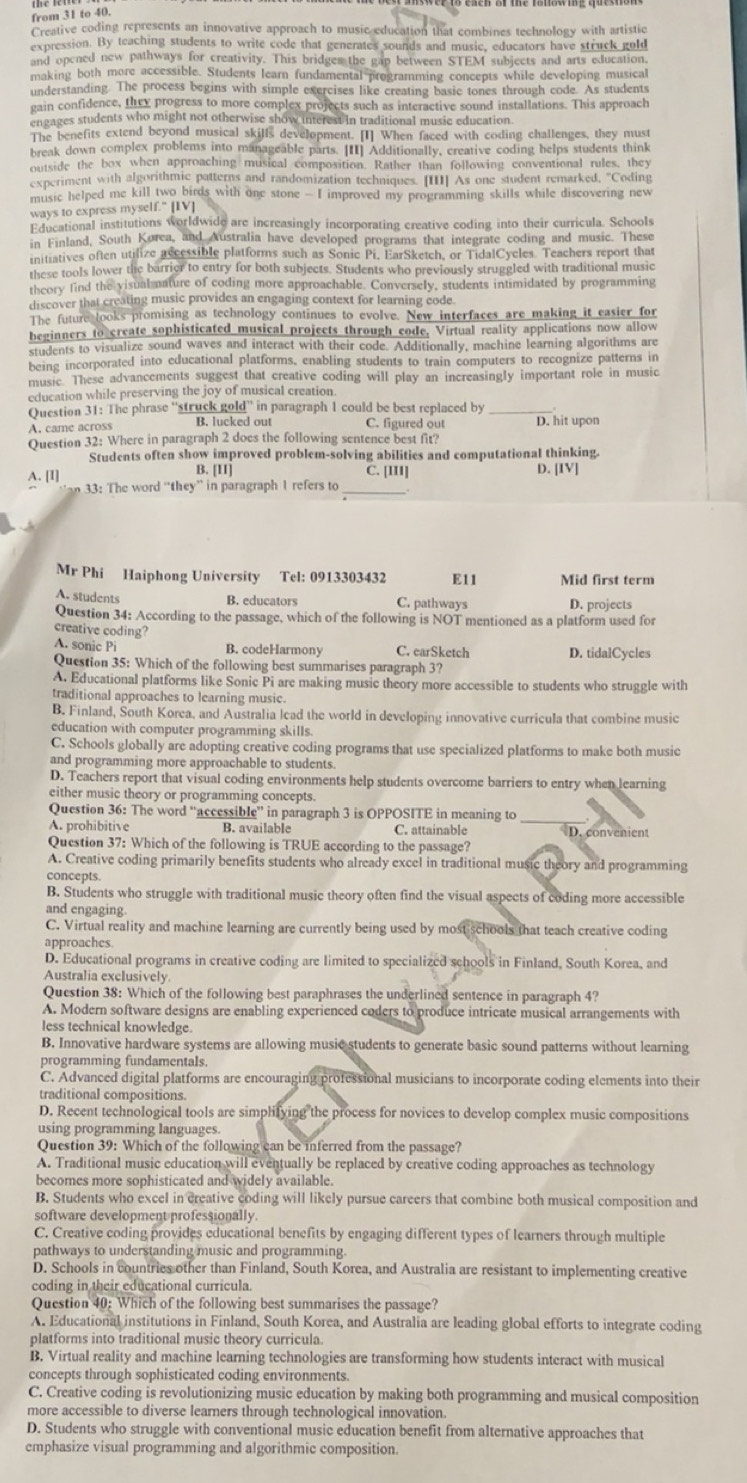 Giải quyết:from 31 to 40. Creative coding represents an innovative ...