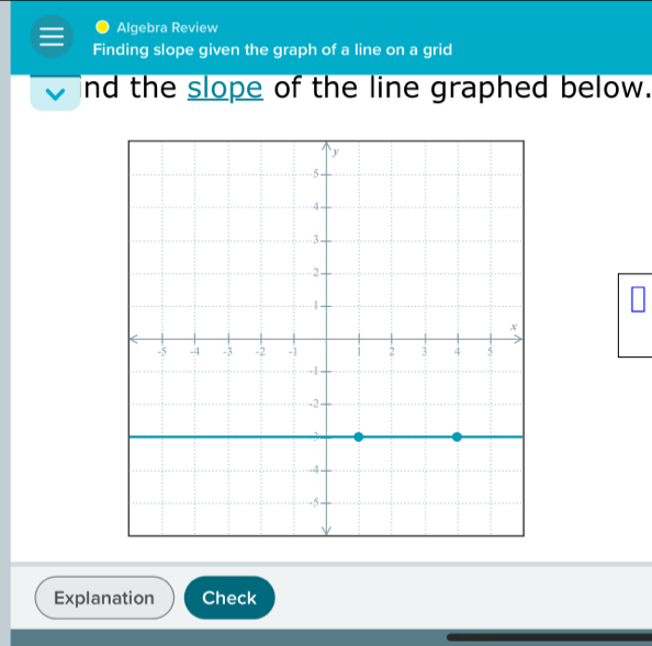 Algebra Review 
Finding slope given the graph of a line on a grid 
nd the slope of the line graphed below. 
Explanation Check