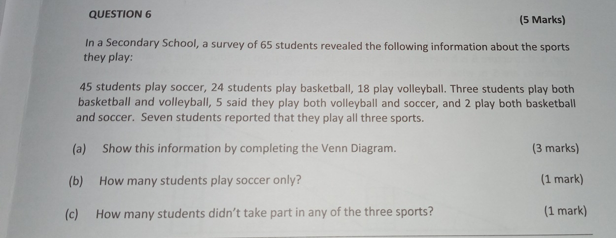 In a Secondary School, a survey of 65 students revealed the following information about the sports 
they play:
45 students play soccer, 24 students play basketball, 18 play volleyball. Three students play both 
basketball and volleyball, 5 said they play both volleyball and soccer, and 2 play both basketball 
and soccer. Seven students reported that they play all three sports. 
(a) Show this information by completing the Venn Diagram. (3 marks) 
(b) How many students play soccer only? (1 mark) 
(c) How many students didn’t take part in any of the three sports? (1 mark)