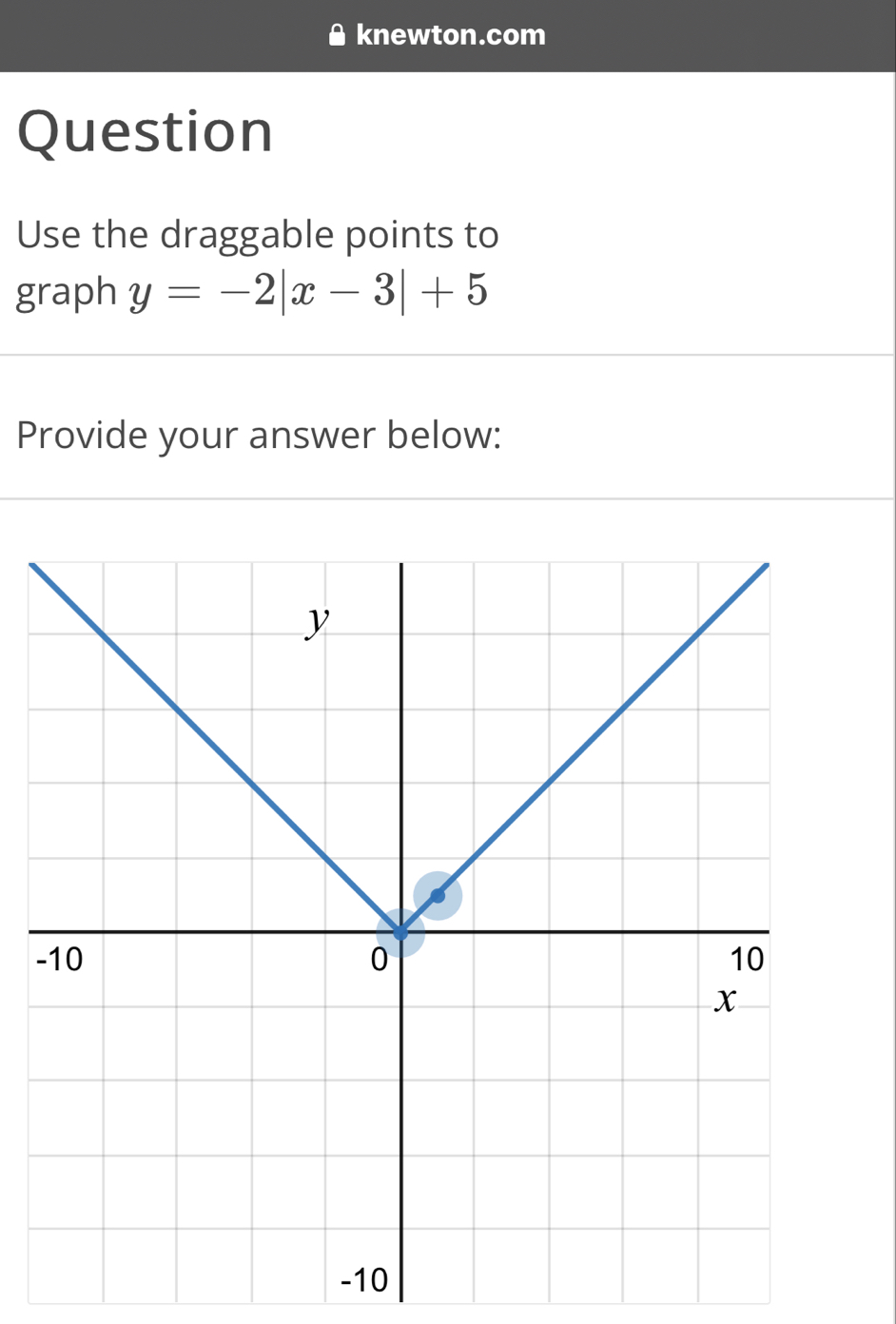 knewton.com 
Question 
Use the draggable points to 
graph y=-2|x-3|+5
Provide your answer below: 
-