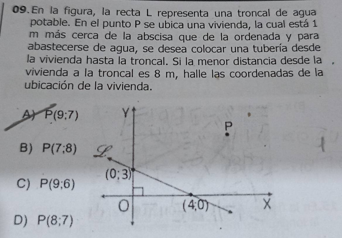 En la figura, la recta L representa una troncal de agua
potable. En el punto P se ubica una vivienda, la cual está 1
m más cerca de la abscisa que de la ordenada y para
abastecerse de agua, se desea colocar una tubería desde
la vivienda hasta la troncal. Si la menor distancia desde la
vivienda a la troncal es 8 m, halle las coordenadas de la
ubicación de la vivienda.
A P(9:7)
B) P(7;8)
C) P(9;6)
D) P(8;7)