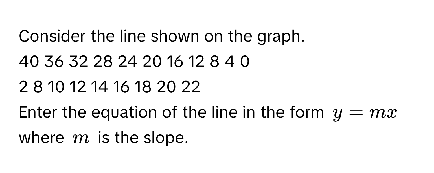 Consider the line shown on the graph. 
40 36 32 28 24 20 16 12 8 4 0 
2 8 10 12 14 16 18 20 22 
Enter the equation of the line in the form $y = mx$ where $m$ is the slope.