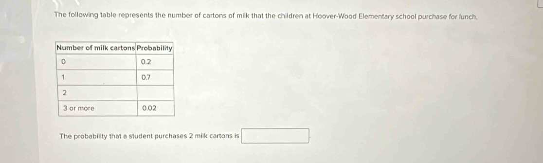 The following table represents the number of cartons of milk that the children at Hoover-Wood Elementary school purchase for lunch. 
The probability that a student purchases 2 milk cartons is □.