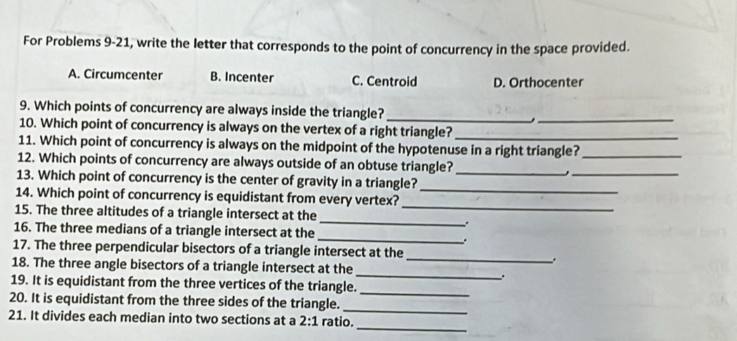 Solved: For Problems 9-21, write the letter that corresponds to the ...