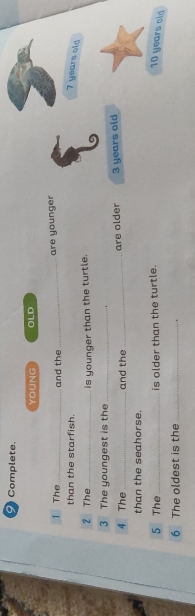 Complete. 
YOUNG OLD 
1 The _and the_ are younger 
than the starfish.
7 years old 
2 The_ is younger than the turtle. 
3 The youngest is the_ 
4 The _and the_ are older 3 years old 
than the seahorse. 
5 The _is older than the turtle.
10 years old 
6 The oldest is the_