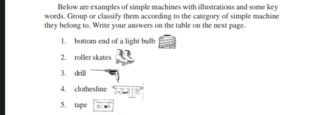 Below are examples of simple machines with illustrations and some key 
words. Group or classify them according to the category of simple machine 
they belong to. Write your answers on the table on the next page. 
1. bottom end of a light bulb 
2. roller skates 
3. drill 
4. clothesline 
5. tape