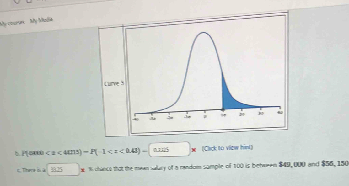 My courses My Media 
Curve
P(49000 0.33 25 x (Click to view hint) 
c. There is a 33.25 x % chance that the mean salary of a random sample of 100 is between $49,000 and $56, 150