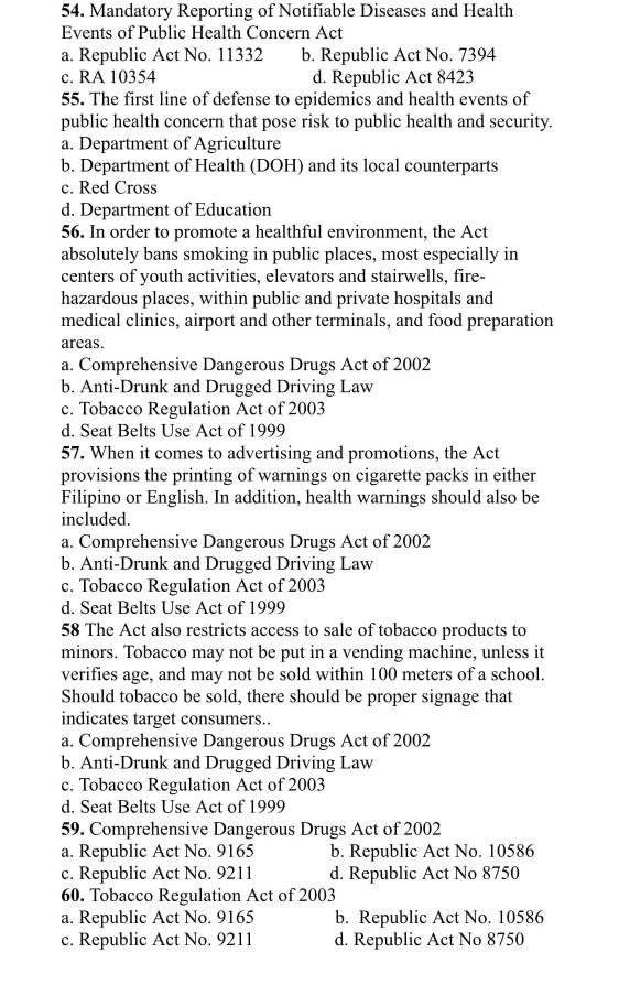 Mandatory Reporting of Notifiable Diseases and Health
Events of Public Health Concern Act
a. Republic Act No. 11332 b. Republic Act No. 7394
c. RA 10354 d. Republic Act 8423
55. The first line of defense to epidemics and health events of
public health concern that pose risk to public health and security.
a. Department of Agriculture
b. Department of Health (DOH) and its local counterparts
c. Red Cross
d. Department of Education
56. In order to promote a healthful environment, the Act
absolutely bans smoking in public places, most especially in
centers of youth activities, elevators and stairwells, fire-
hazardous places, within public and private hospitals and
medical clinics, airport and other terminals, and food preparation
areas.
a. Comprehensive Dangerous Drugs Act of 2002
b. Anti-Drunk and Drugged Driving Law
c. Tobacco Regulation Act of 2003
d. Seat Belts Use Act of 1999
57. When it comes to advertising and promotions, the Act
provisions the printing of warnings on cigarette packs in either
Filipino or English. In addition, health warnings should also be
included.
a. Comprehensive Dangerous Drugs Act of 2002
b. Anti-Drunk and Drugged Driving Law
c. Tobacco Regulation Act of 2003
d. Seat Belts Use Act of 1999
58 The Act also restricts access to sale of tobacco products to
minors. Tobacco may not be put in a vending machine, unless it
verifies age, and may not be sold within 100 meters of a school.
Should tobacco be sold, there should be proper signage that
indicates target consumers..
a. Comprehensive Dangerous Drugs Act of 2002
b. Anti-Drunk and Drugged Driving Law
c. Tobacco Regulation Act of 2003
d. Seat Belts Use Act of 1999
59. Comprehensive Dangerous Drugs Act of 2002
a. Republic Act No. 9165 b. Republic Act No. 10586
c. Republic Act No. 9211 d. Republic Act No 8750
60. Tobacco Regulation Act of 2003
a. Republic Act No. 9165 b. Republic Act No. 10586
c. Republic Act No. 9211 d. Republic Act No 8750