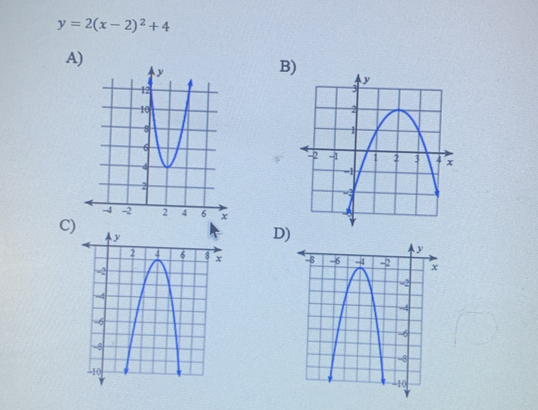 y=2(x-2)^2+4
A) 
B 
C) 
D)