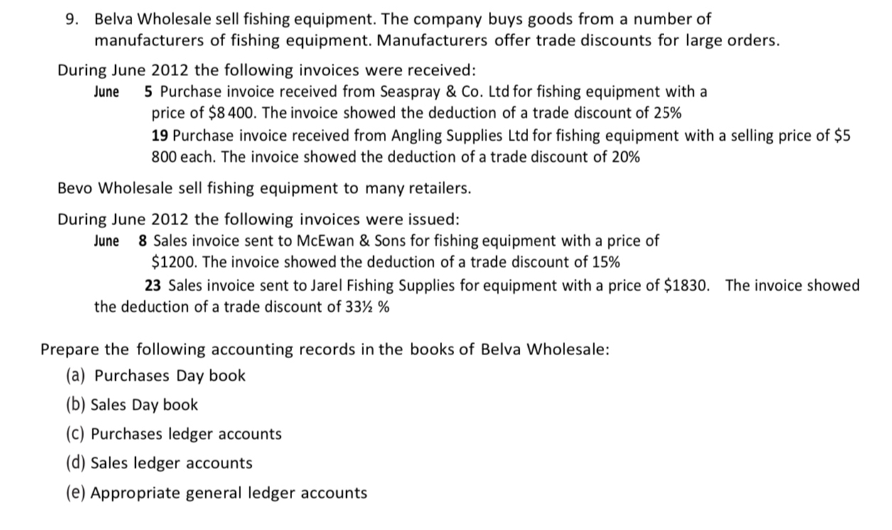 Belva Wholesale sell fishing equipment. The company buys goods from a number of 
manufacturers of fishing equipment. Manufacturers offer trade discounts for large orders. 
During June 2012 the following invoices were received: 
June 5 Purchase invoice received from Seaspray & Co. Ltd for fishing equipment with a 
price of $8 400. The invoice showed the deduction of a trade discount of 25%
19 Purchase invoice received from Angling Supplies Ltd for fishing equipment with a selling price of $5
800 each. The invoice showed the deduction of a trade discount of 20%
Bevo Wholesale sell fishing equipment to many retailers. 
During June 2012 the following invoices were issued: 
June 8 Sales invoice sent to McEwan & Sons for fishing equipment with a price of
$1200. The invoice showed the deduction of a trade discount of 15%
23 Sales invoice sent to Jarel Fishing Supplies for equipment with a price of $1830. The invoice showed 
the deduction of a trade discount of 33½ %
Prepare the following accounting records in the books of Belva Wholesale: 
(a) Purchases Day book 
(b) Sales Day book 
(C) Purchases ledger accounts 
(d) Sales ledger accounts 
(e) Appropriate general ledger accounts