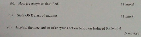 How are enzymes classified? [1 mark] 
(c). State ONE class of enzyme. [1 mark] 
(d). Explain the mechanism of enzymes action based on Induced Fit Model. 
[5 marks]