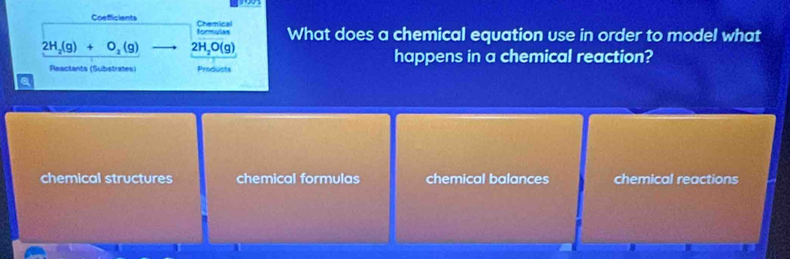 Coefficients Chemical
formulas What does a chemical equation use in order to model what
2H_2(g)+O_2(g) 2H_2O(g)
happens in a chemical reaction?
Reactants (Substrates) Produsts
a
chemical structures chemical formulas chemical balances chemical reactions