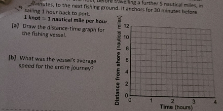 belore travelling a further 5 nautical miles, in 
inutes, to the next fishing ground. It anchors for 30 minutes before 
sailing 1 hour back to port.
1 knot =1 nautical mile per hour. 
[a] Draw the distance-time graph for 
the fishing vessel. 
[b] What was the vessel’s average 
speed for the entire journey? 
Time (hours)