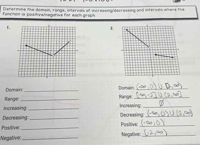 Determine the domain, range, intervals of increasing/decreasing and intervals where the 
function is positive/negative for each graph. 
1. 
2. 
Domain: _Domain:_ 
Range:_ 
Range:_ 
Increasing:_ Increasing:_ 
Decreasing: _Decreasing:_ 
Positive:_ 
Positive:_ 
Negative:_ 
Negative:_