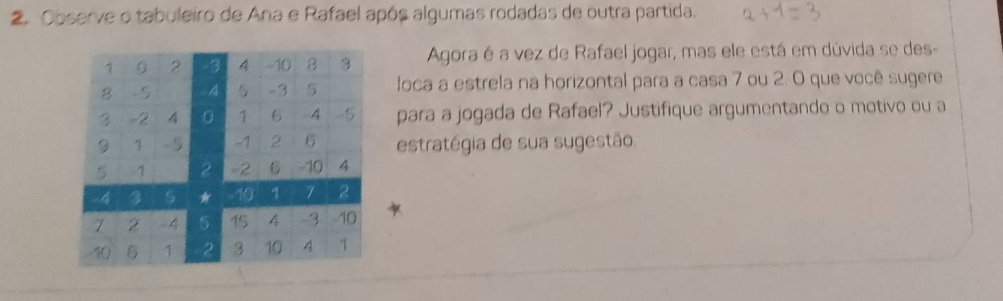 Observe o tabuleiro de Ana e Rafael após algumas rodadas de outra partida. 
Agora é a vez de Rafael jogar, mas ele está em dúvida se des- 
loca a estrela na horizontal para a casa 7 ou 2. O que você sugere 
para a jogada de Rafael? Justifique argumentando o motivo ou a 
estratégia de sua sugestão.