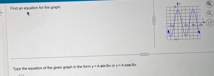 Find an equation for the graph.
.
Type the equation of the given graph in the form y=Asin Bx or y=Acos Bx.