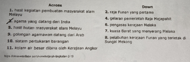 Across Down 
1. hasil kegiatan pembuatan masyarakat alam 2. raja Funan yang pertama 
Melayu 
4. gelaran pemerintah Raja Majapahit 
agama yang dàtang dari India 6. pengasas kerajaan Melaka 
5. hasi! hutan masyarakat alam Melayu 7. kuasa Barat yang menyerang Melaka 
9. golongan agamawan datang dari Arab 8. pelabuhan kerajaan Funan yang terletak di 
10. sistem pertukaran barangan Sungai Mekong 
11. kolam air besar dibina oleh Kerajaan Angkor 
hups //crosswordlabs com/ewseja ah-tingketan 2-? J