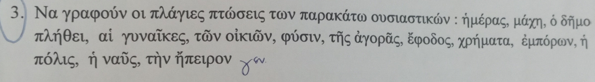 Να γρρααφούν οι πλάγιες πτώσεις των παρακάτω ουσιαστικών ο ημέραςΚ μάηηό ό δημο
πλήθει, αἰ γυναίκες, τῶν οίκιῶν, φύσιν, τῆς ἀγορῆς, ξφοδος, χρήματα, ἐμπόρων, ή 
πόλις, ή ναῦς, την ήπειρον