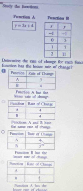 Study the functions.
Function A Function B
y=3x+4
Determine the rate of change for each func
function has the lesser rate of change?
a
Function A has the
lesser rate of change.
Functions A and B have
the same rate of change.
Function B has the
lesser rate of change.
Function A has the