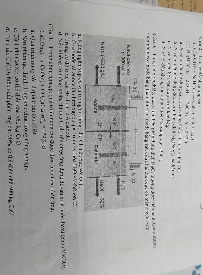 Cho sơ đồ phản ứng sau:
i vídeo) (1) Ca(OH)_2+NaHCO_3to CaCO_3+X+H2O
đium ch
(2) Ba(HCO_3)_2+2KOHto BaCO_3+Y+2H2O
tiên tu a. X và Y đều tác dụng được với dung dịch HCl tạo ra khí CO_2.
b. X và Y đều tác dụng được với dung dịch Mg(NO_3)_2 tạo kết tủa.
n alur c. X và Y đều hòa tan được kim loại Mg.

d. X và Y đều không tác dụng được với dung dịch BaCl_2.
khi Câu 3. Trong công nghiệp, quá trình điện phân dung dịch NaCl thường được tiến hành trong thùng
g điện phân có anode bằng than chì và cathode bằng sắt. Giữa hai điện cực có màng ngăn xhat op
a. Màng ngăn xốp có vai trò ngăn không cho Cl_2 tiếp xúc với OH .
b. Ở cathode và anode lần lượt xảy ra quá trình oxi hóa H_2O và khử ion Cl .
c. Trong sơ đồ trên, khí H_2 thoát ra ở cathode.
d. Nếu không có màng ngăn, thì quá trình trên được ứng dụng để sản xuất nước Javel (chứa NaClO).
Câu 4. Trong công nghiệp, quá trình nung vôi được thực hiện theo phản ứng:
CaCO_3(s)to CaO(s)+CO_2(g)△ _rH_(298)^o=179,2kJ
a. Quá trình nung vôi là quá trình tỏa nhiệt.
b. Sản phẩm tạo thành dùng khử chua trong nông nghiệp.
c. Từ 1 tấn CaCO_3 có thể điều chế 560 kg CaO.
d. Từ 1 tấn CaCO_3 hiệu suất phản ứng đạt 90% có thể điều chế 500 kg CaO.