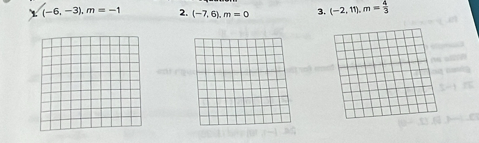 (-6,-3), m=-1 2. (-7,6), m=0
3. (-2,11), m= 4/3 