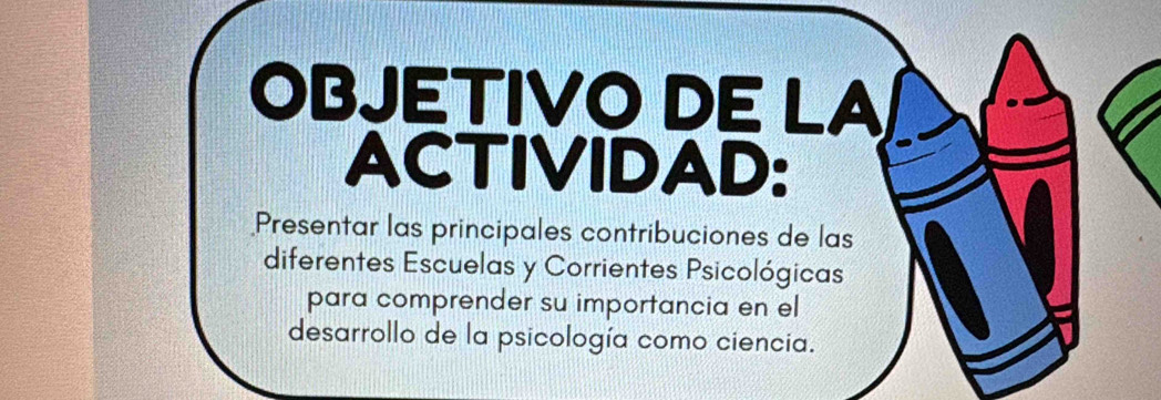 OBJETIVO DE LA 
ACTIVIDAD: 
Presentar las principales contribuciones de las 
diferentes Escuelas y Corrientes Psicológicas 
para comprender su importancia en el 
desarrollo de la psicología como ciencia.