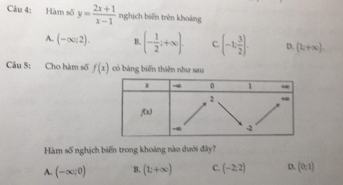 Hàm số y= (2x+1)/x-1  nghịch biến trên khoảng
A. (-∈fty ;2).
B. (- 1/2 ;+∈fty ). C. (-1, 3/2 ). (1;+∈fty ).
D.
Câu 5: Cho hàm số f(x) có bảng biến thiên như sau
Hàm số nghịch biến trong khoảng nào dưới đây?
⊥B、 C.
A. (-∈fty ;0) (1;+∈fty ) (-2;2) D. (0,1)