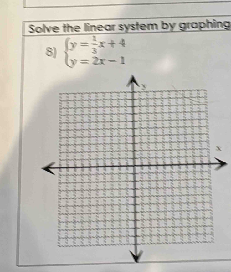 Solve the linear system by graphing 
8) beginarrayl y= 1/3 x+4 y=2x-1endarray.