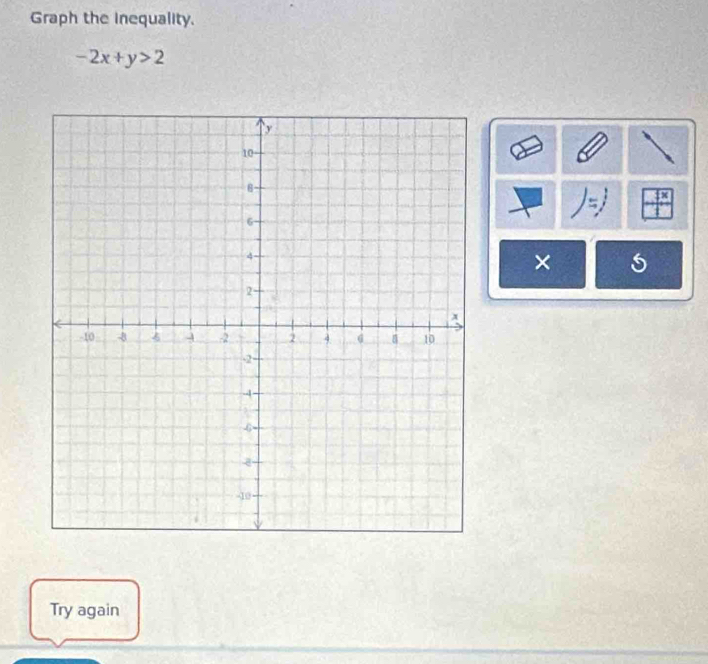 Graph the inequality.
-2x+y>2
4
× 
Try again