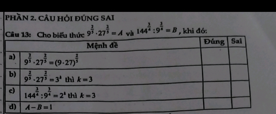 pHầN 2. CÂU HỏI ĐÚNG SAI
9^(frac 2)5· 27^(frac 2)5=A 144^(frac 3)4:9^(frac 3)4=B , khi đó: