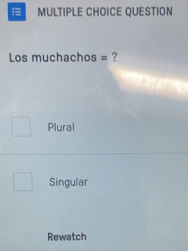 QUESTION
Los muchachos = ?
Plural
Singular
Rewatch