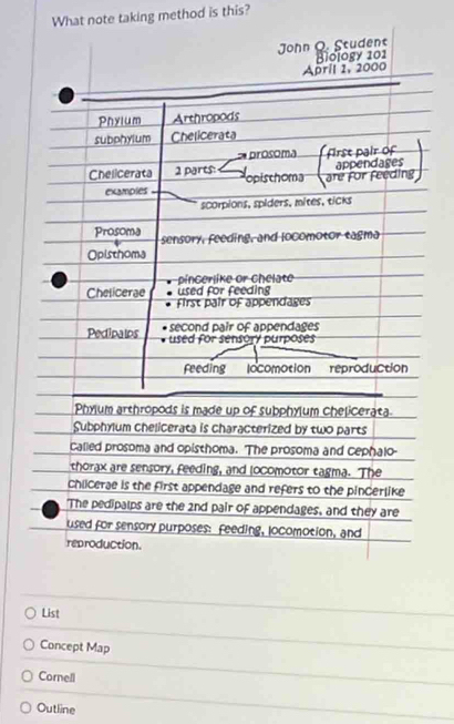 What note taking method is this? 
List 
Concept Map 
Cornell 
Outline