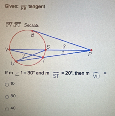 Given: overline PB tangent
overline PV, overline PU Secants
If m∠ 1=30° and m^ widehat ST=20° , then m widehat VU=
10
80
40