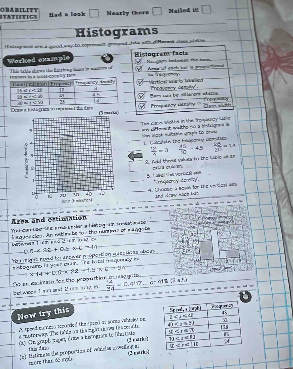OBABILITY
STATISTICS Had a look □ Nearly there Nailed it!
Histograms
Histograms are a good way to represent groth different class widths.
Worked example 
This table shows the finishing times in minutes of
race. 
Draw a histogram to represent the daa.
The class widths in the frequency table
are different widths so a histogram is 
the most suitable graph to draw.
1. Calculate the frequency densities.
_  12/4 =3  45/10 =4.5  28/20 =1.4
_2. Add these values to the table as an
extra column.
3. Label the vertical axis
_'Frequency density'.
_4. Choose a scale for the vertical axis
and draw each bar:
Area and estimation
You-can use the-area-under a histogram to estimate 
frequencies. An estimate for the number of maggots
between 1 mm and 2 mm long is:
0.5-x-22+0.5-x-6=14
You might need to answer proportion questions about 
histograms in your exam. The total frequency is:
1* 14+0.5* 22+1.5* 6=34
So an estimate for the proportion of maggots 
between 1 mm and 2 mm long is:  14/34 =0.4117. or 41% (2 s.f.)
Now try this
A speed camera recorded the speed of some vehicles on
a motorway. The table on the right shows the results. 
(a) On graph paper, draw a histogram to illustrate
this data. (3 marks)
(b) Estimate the proportion of vehicles travelling at 
more than 65 mph. (2 marks)