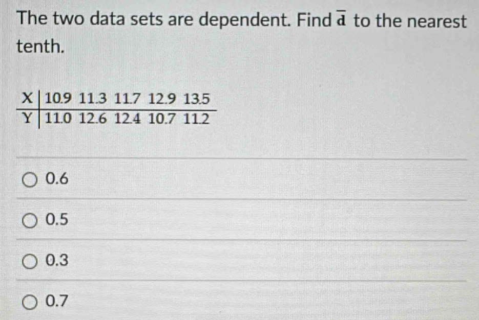 The two data sets are dependent. Find overline d to the nearest
tenth.
0.6
0.5
0.3
0.7