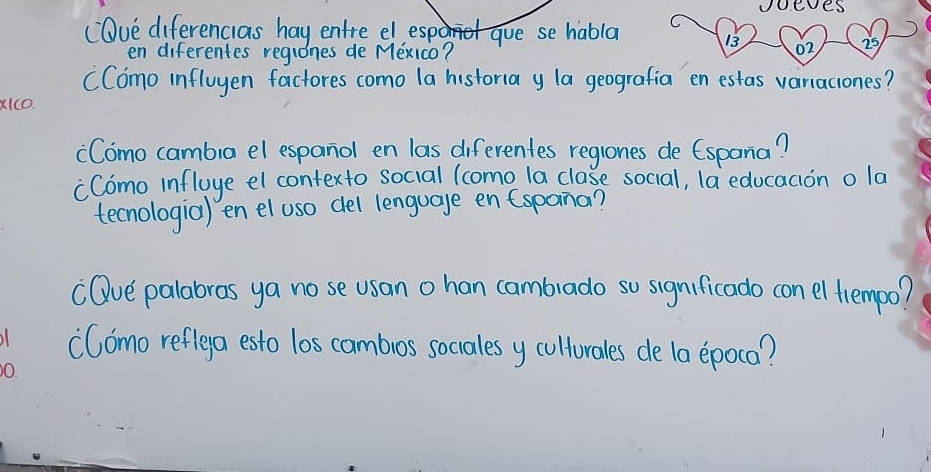 voeves 
(Ove diferencias hay entre el,es gue se habla
13 02 25
en diferentes regiones de Mexico? 
(Como influyen factores como (a historia y la geografia en estas vaniaciones? 
xIco. 
`Como cambra el espanol en las diferentes reglones de (spana? 
cComo influye el contexto social (como la clase social, la educaon o la 
tecnologia) en el use del lenguage en (spana? 
`Ove palabras ya no se usan o han cambrado so significado con el tempo? 
`Como reflea esto los cambios sociales y culturales de la epoca?