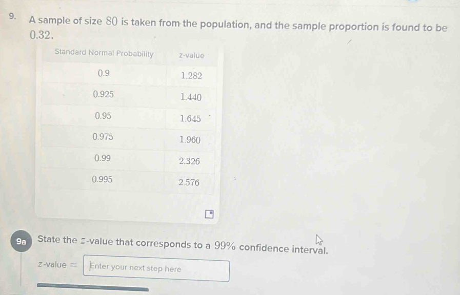 A sample of size 80 is taken from the population, and the sample proportion is found to be
0.32. 
9a State the -value that corresponds to a 99% confidence interval.
z-value= ]Enter your next step here