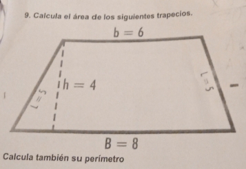 Calcula el área de los siguientes trapecios.
Calcula también su perímetro