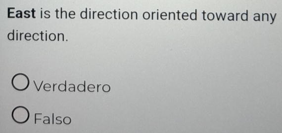 East is the direction oriented toward any
direction.
Verdadero
Falso