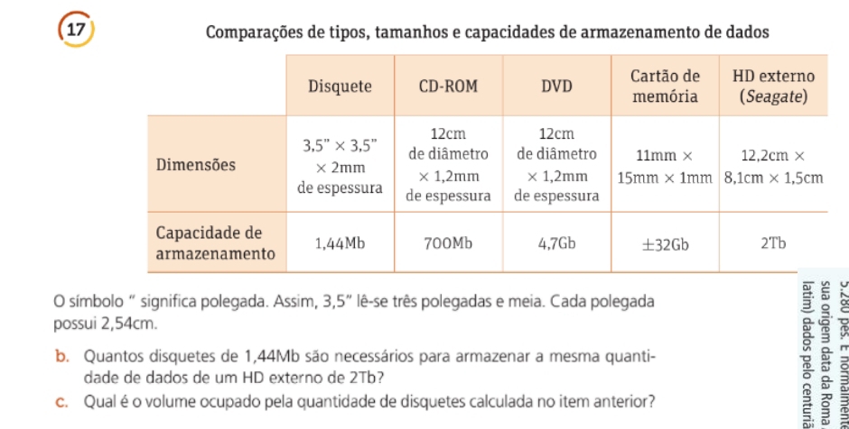 Comparações de tipos, tamanhos e capacidades de armazenamento de dados
O símbolo “ significa polegada. Assim, 3,5'' lê-se três polegadas e meia. Cada polegada
possui 2,54cm.
b. Quantos disquetes de 1,44Mb são necessários para armazenar a mesma quanti-
dade de dados de um HD externo de 2Tb?
c. Qual é o volume ocupado pela quantidade de disquetes calculada no item anterior?
: & C