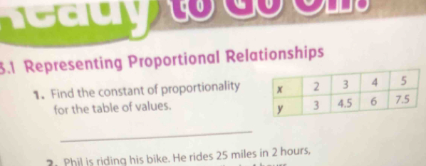 cauy 1go 
3.1 Representing Proportional Relationships 
1. Find the constant of proportionality 
for the table of values. 
_ 
2. Phil is riding his bike. He rides 25 miles in 2 hours,