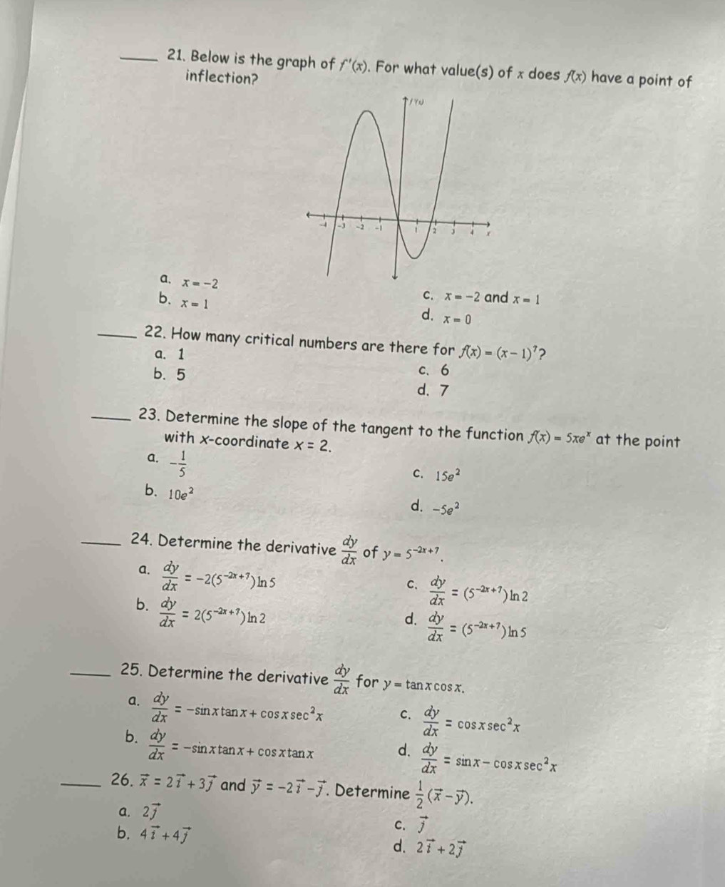 Below is the graph of f'(x). For what value(s) of x does f(x) have a point of
inflection?
a. x=-2
b. x=1
C. x=-2 and x=1
d. x=0
_22. How many critical numbers are there for f(x)=(x-1)^7 2
a. 1
b. 5
c、6
d. 7
_23. Determine the slope of the tangent to the function f(x)=5xe^x at the point
with x-coordinate x=2.
a. - 1/5 
c. 15e^2
b. 10e^2
d. -5e^2
_24. Determine the derivative  dy/dx  of y=5^(-2x+7)
a.  dy/dx =-2(5^(-2x+7))ln 5
C、  dy/dx =(5^(-2x+7))ln 2
b.  dy/dx =2(5^(-2x+7))ln 2
d.  dy/dx =(5^(-2x+7))ln 5
_25. Determine the derivative  dy/dx  for y=tan xcos x.
a.  dy/dx =-sin xtan x+cos xsec^2x
C.  dy/dx =cos xsec^2x
b.  dy/dx =-sin xtan x+cos xtan x
d.  dy/dx =sin x-cos xsec^2x
_26. vector x=2vector i+3vector j and vector y=-2vector i-vector j Determine  1/2 (vector x-vector y).
a. 2vector j
C. vector j
b. 4vector i+4vector j d. 2vector i+2vector j