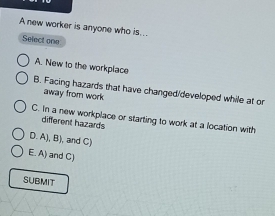 A new worker is anyone who is...
Select one
A. New to the workplace
B. Facing hazards that have changed/developed while at or
away from work
C. In a new workplace or starting to work at a location with
different hazards
D. A), B), and C)
E. A) and C)
SUBMIT