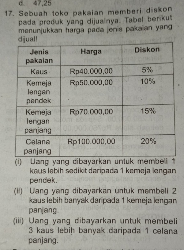 d. 47, 25
17. Sebuah toko pakaian memberi diskon
pada produk yang dijualnya. Tabel berikut
menunjukkan harga pada jenis pakaian yang
(i) Uang yang dibayarkan untuk mem
kaus lebih sedikit daripada 1 kemeja lengan
pendek.
(ii) Uang yang dibayarkan untuk membeli 2
kaus lebih banyak daripada 1 kemeja lengan
panjang.
(iii) Uang yang dibayarkan untuk membeli
3 kaus lebih banyak daripada 1 celana
panjang.