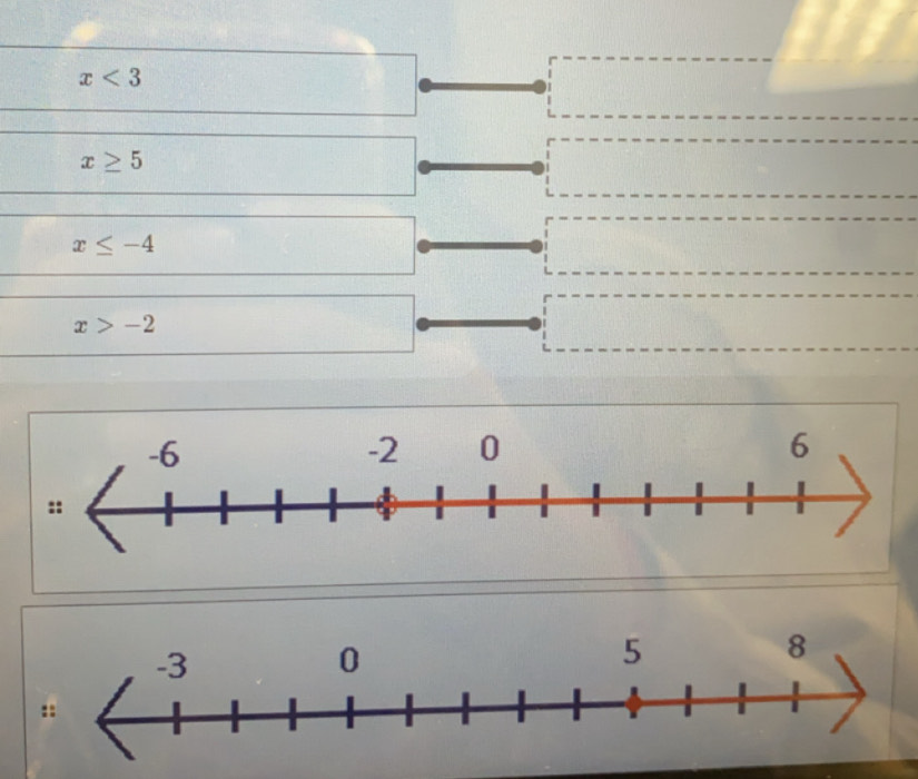 x<3</tex>
x≥ 5
x≤ -4
x>-2