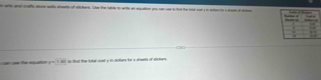 arts and crafts store sellis siteetts of stickers. Use the table to write an equation you can use to find the total cost y in doler for x shess of stickers 
can use the equation y=1.51) to find the totall costly in disllians for x sheets of stichers .